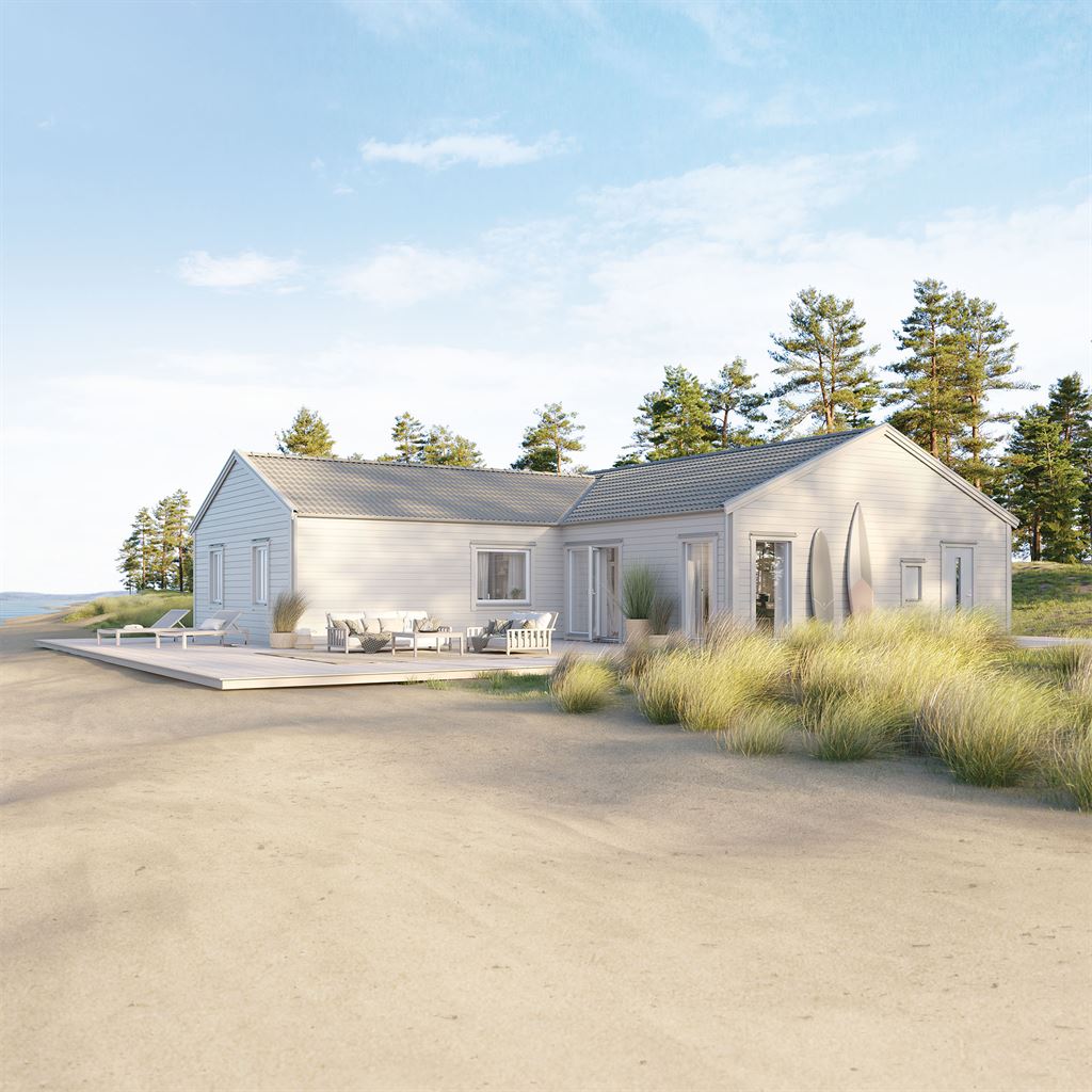 Villa Sandö beige exteriör i modern stil vid havet